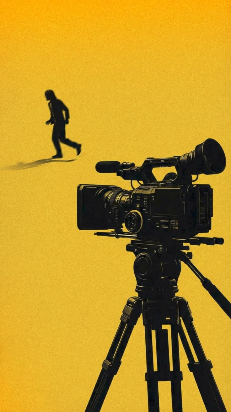 Sarı fonda tripod üzerindeki kamera ve koşan bir insan silueti