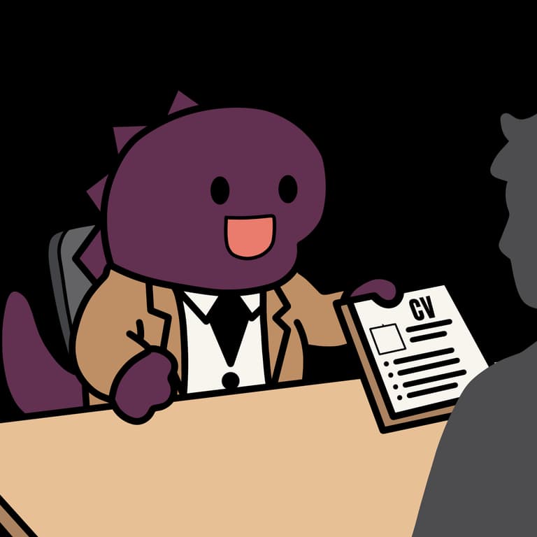 İş görüşmesi masasında elinde CV tutan, takım elbiseli KLIK T-Rex maskotu